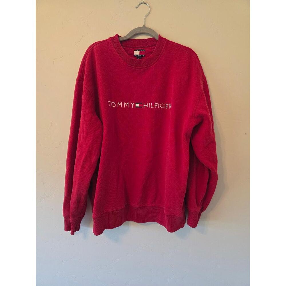 Vintage Tommy Hilfiger Spellout Crewneck Sweatshirt Red Fleece Y2K Size Large